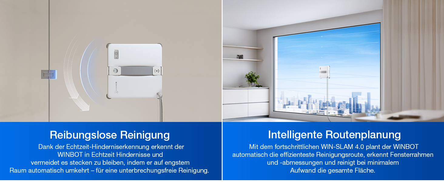 Text auf Deutsch 'Durchgängige Reinigung'. Bilderserie, die professionelle Reinigungsgeräte und -prozesse in einem scheinbar industriellen Umfeld zeigt.