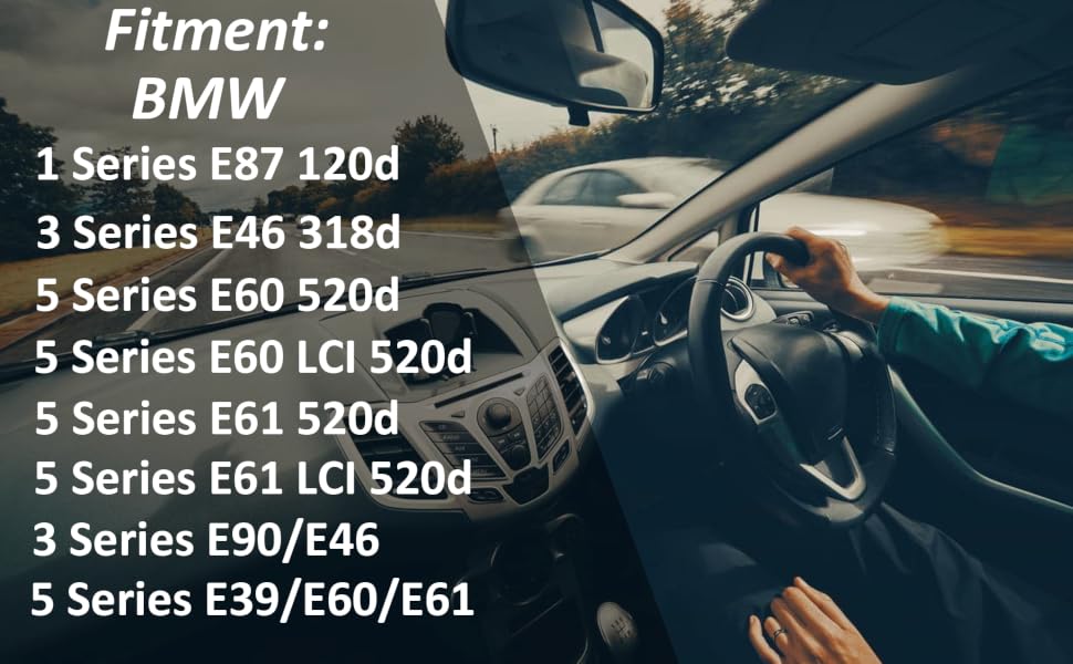 Vehicle interior dashboard view with text overlay listing BMW model compatibility including various 1, 3, and 5 series models.