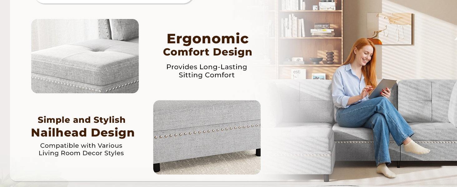 Text reads 'Ergonomic Comfort Design' and 'Simple and Stylish Nailhead Design'. Shows grey upholstered furniture piece and lifestyle room setting.