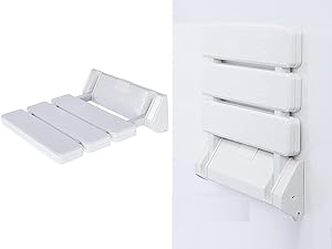 Siège de douche mural pliable blanc montré ouvert et fermé. Plusieurs panneaux créent une surface d'assise. Support de montage à quatre niveaux pour écrans à vue latérale.