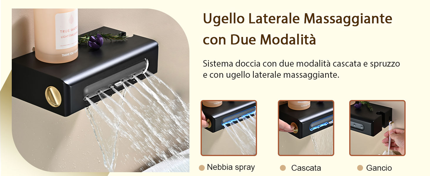 Il testo recita «Ugello Laterale Massaggiante con Due Modalità» e «Sistema doccia con due modalità: cascata e sprazzo e con ugello laterale massaggiante». Soffione nero con doppio ugello visualizzato con tre icone delle modalità operative in basso.