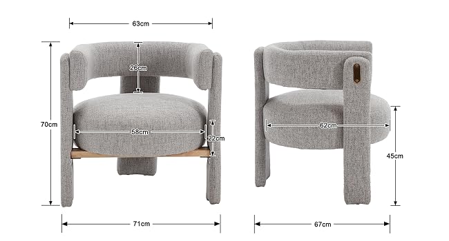 avec dossier incurvé et accents en bois. Dimensions indiquées : 63 cm de largeur d'assise, 70 cm de hauteur, 71 cm de profondeur, 67 cm
