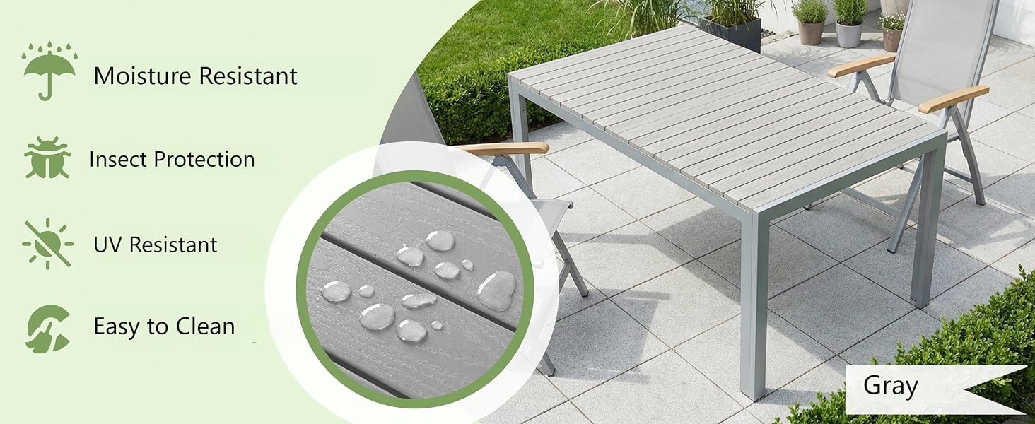 Text reads 'Lightweight &amp; breathable', 'Water Resistant', 'UV Resistant', 'Easy to Clean'. Gray outdoor canopy tent with feature icons and circular detail showing mesh panel construction.