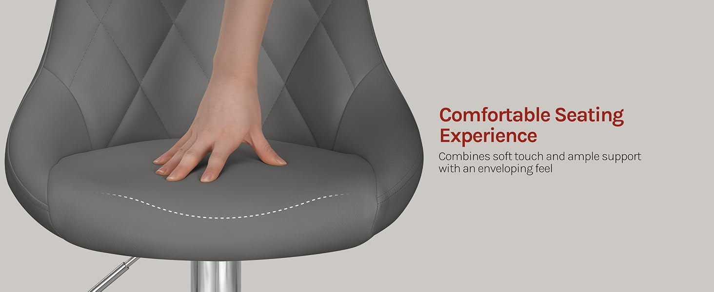 Text reads 'Comfortable Seating Experience' with additional smaller text below. Close-up of gray cushioned seat with hand pressing down, demonstrating padded comfort and support.