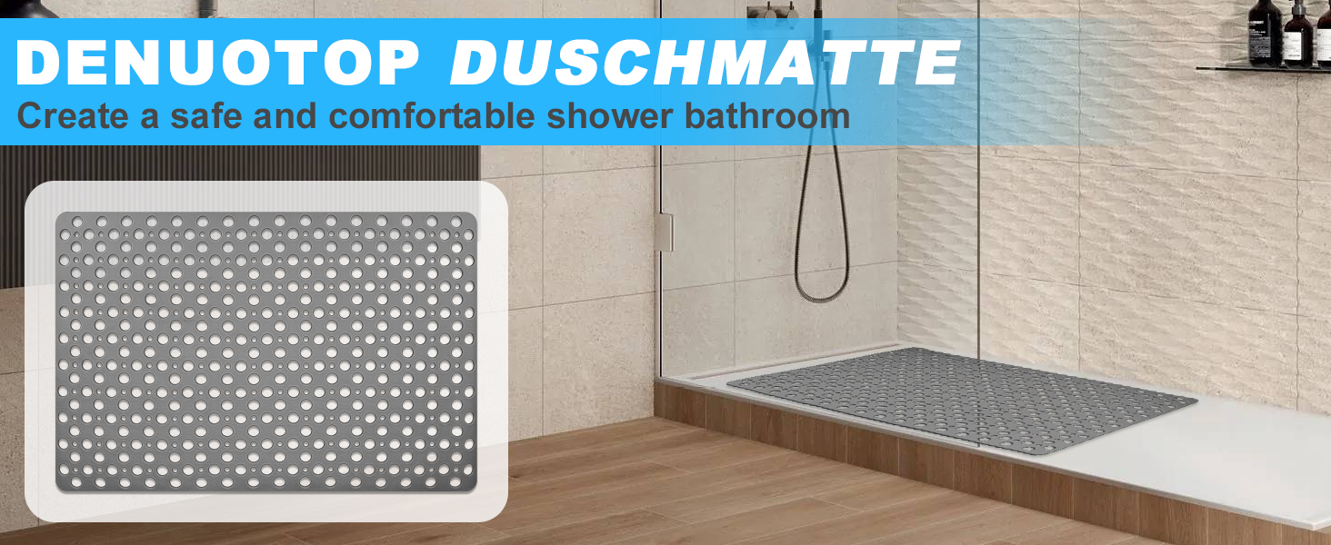 Le texte indique « DENÚOTOP DUSCHMATTE ». Image en écran partagé montrant un tapis de bain texturé gris dans le coin de la salle de bain et un gros plan du motif de la surface perforée du tapis.