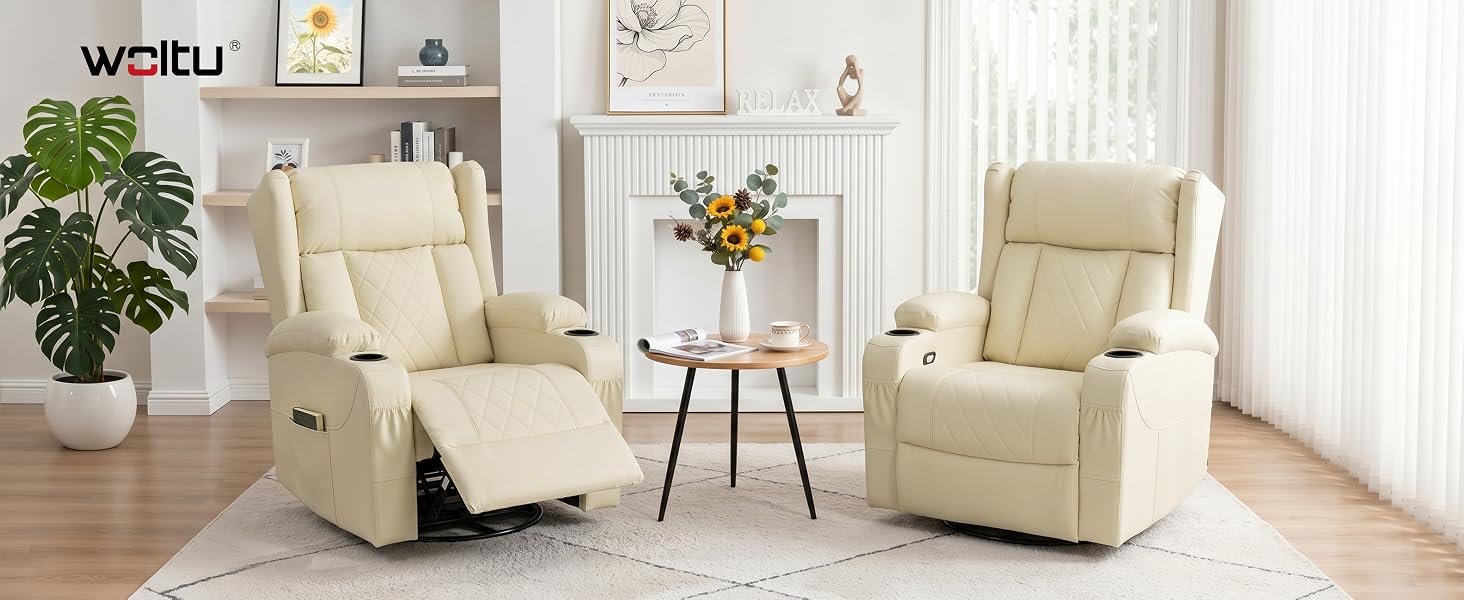 Il testo dice «WEILI». Showroom interno con due poltrone reclinabili beige con tavolino e piante decorative in un salotto moderno.