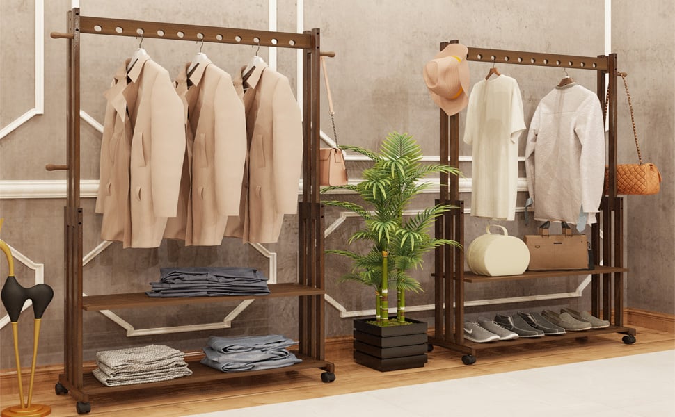 Appendiabiti in bambù con Ruote Ripiani Gancio Vestiti,Cappelli,Borse e Scatola per Scarpe