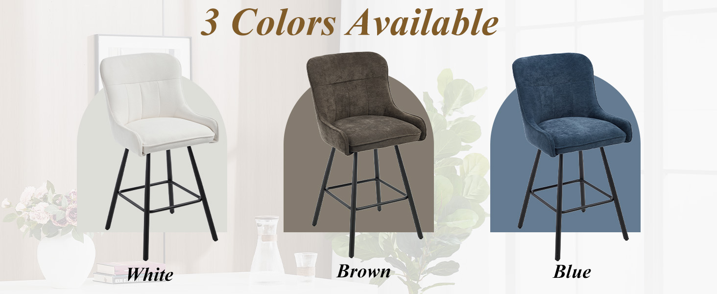 Text reads '3 Colors Available', 'White', 'Brown', 'Blue'. Three identical upholstered bar stools shown in different colors with curved backs and black metal bases.