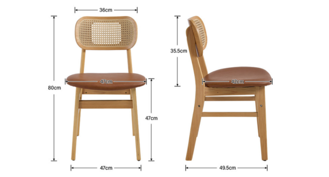 Technisches Diagramm, das die Abmessungen des Holzstuhldesigns in Seiten- und Vorderansicht zeigt. Der Stuhl verfügt über eine geschwungene Rückenlehne und einen gepolsterten Sitz.