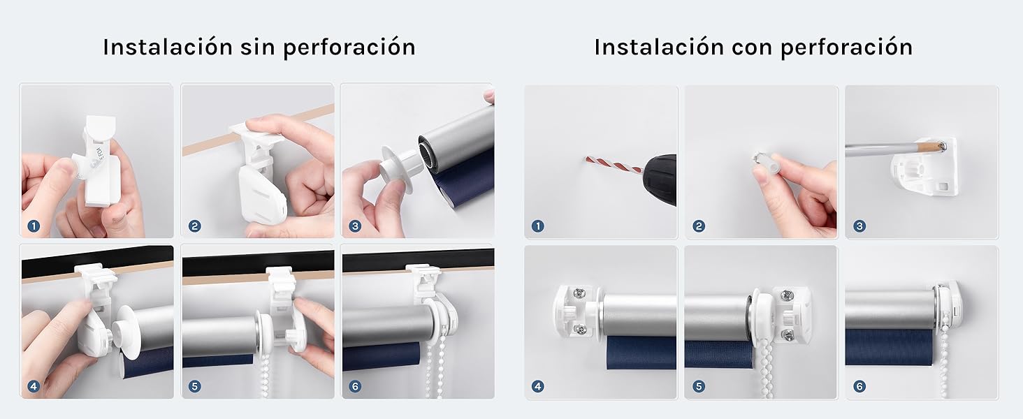 El texto dice «Instalación sin perforación» e «Instalación con perforación».
[SENTENCE 21] Guía de instalación paso a paso que muestra el proceso de montaje de lo que parece ser un accesorio de pared o un soporte.