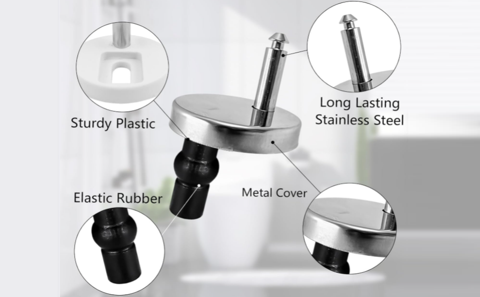 Product diagram showing components labeled 'Sturdy Plastic', 'Long lasting Stainless Steel', 'Elastic Rubber', and 'Metal Cover' for what appears to be a household tool or fixture.