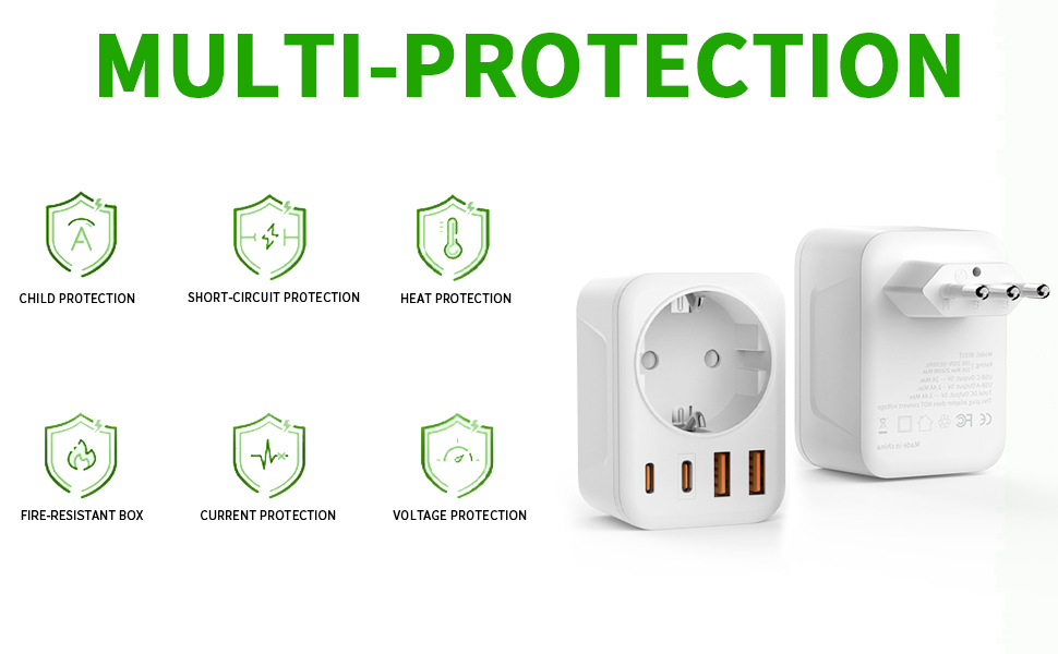 Adattatore di alimentazione bianco con più porte USB e presa di corrente in stile europeo, con icone che rappresentano diverse funzioni di protezione sotto la scritta 