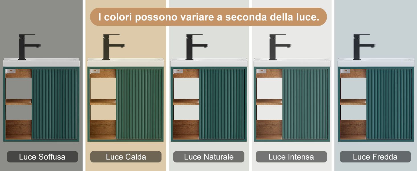 Il testo recita «I colori possono variare a seconda della luce». Cinque contenitori verdi con diverse configurazioni di ripiani interni disposti in fila.