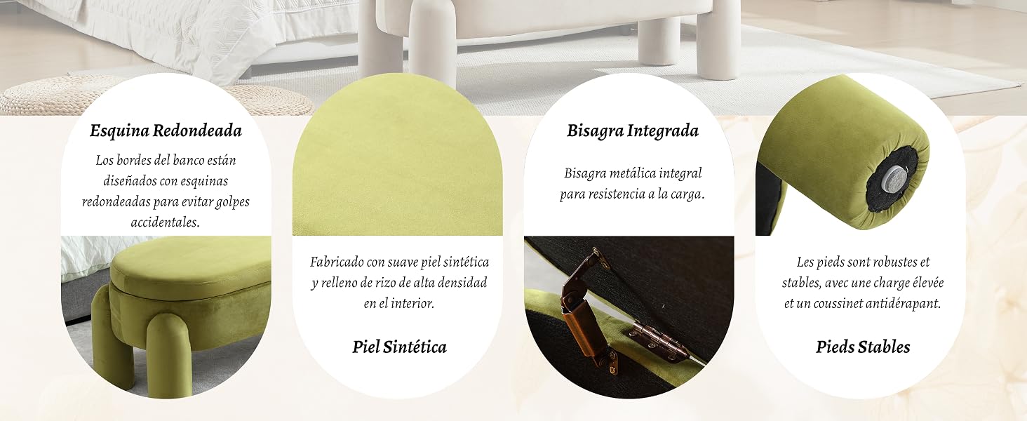Tres imágenes circulares de detalles del producto que muestran diferentes ángulos de superficie texturizada verde con varios acabados y patrones.