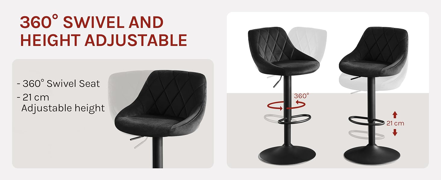 Black bar stools with quilted seat design featuring 360-degree swivel and height adjustment functionality, shown from multiple angles.