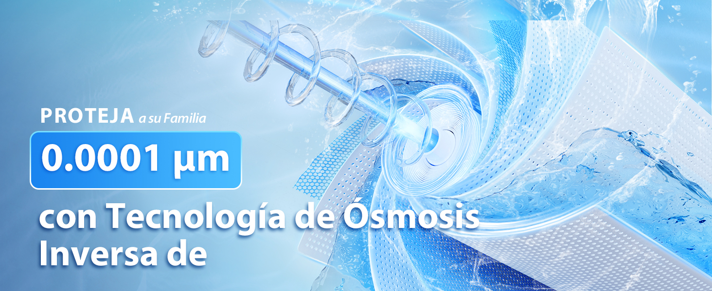 La interfaz del sistema de filtración de agua muestra la especificación «0.0001 μm» con texto superpuesto de tecnología de ósmosis inversa