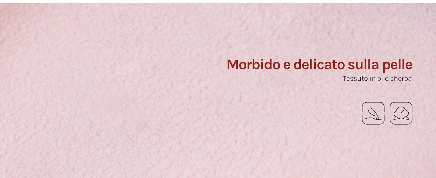 Il testo recita «Morbido e delicato sulla pelle» e «per ogni». Sfondo rosa strutturato con icone di istruzioni per la cura visualizzate, che indicano le caratteristiche delicate del prodotto, delicate sulla pelle.