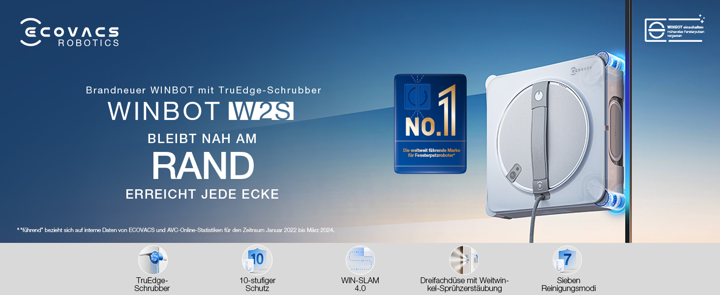 Der Text lautet „WINBOT W464 PAND“ mit der Aufschrift „Nr.1“. Die Werbung zeigt ein Roboter-Fensterreinigungsgerät mit mehreren Reinigungsstufen, die in einem Zeitleistenformat dargestellt sind.