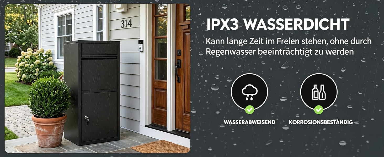 Der Text lautet „IPX3 WASSERDICHT“ mit den folgenden Spezifikationen. Schwarzer, wasserdichter Aufbewahrungsbehälter mit Topfpflanze an der Tür. Verfügt über eine Wasserdichtigkeit und sichtbare, versiegelte Konstruktionsanzeigen.