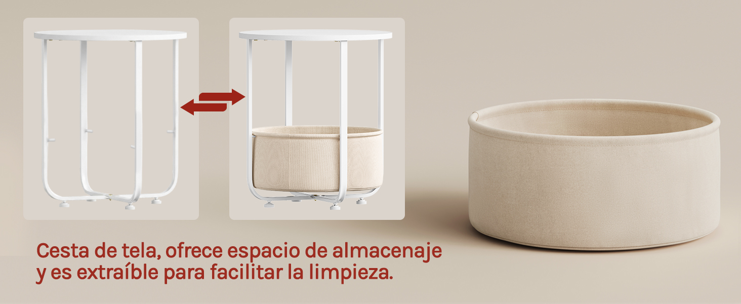 El texto dice: «Cesta de tela, reduce el espacio de almacenamiento y es ideal para montar la limpieza». La moderna cesta de almacenamiento de tela se muestra en color beige sobre fondo blanco.