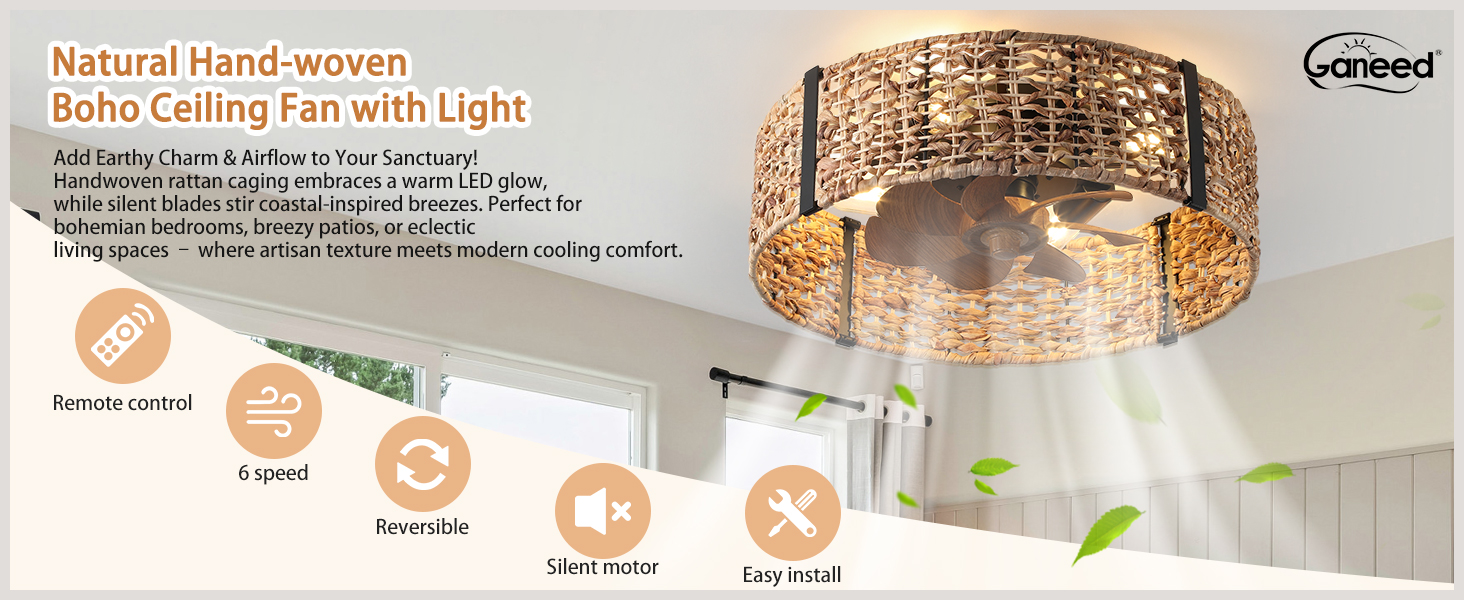 boho low profile ceiling fan with light
