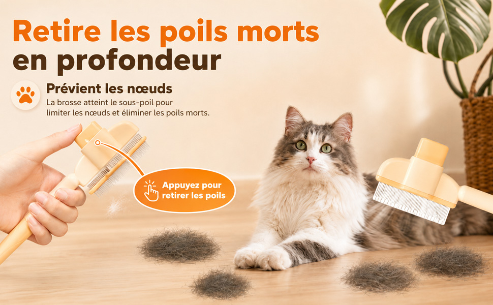 Der Text lautet: „Retire les poils morts en profondeur“ und „Prévient les nœuds“ (verhindert Verfilzungen). Französische Werbung für ein Pflegeprodukt mit Katze und einer Hand, die einen kammähnlichen Gegenstand benutzt, orangefarbenes Kreissymbol.