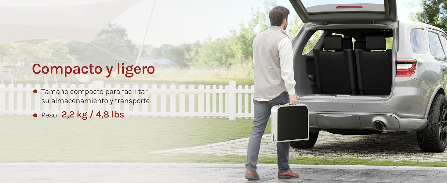 El texto dice «MODELY'S DESIGN» y «Compacto y ligero». Demostración del producto en exteriores con un vehículo.