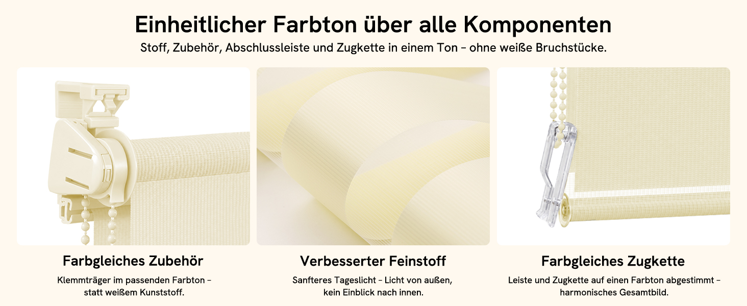 Der Text lautet „Einheitlicher Farbton über alle Komponenten“. Nahaufnahmen von drei weißen Stoffteilen, die eine einheitliche Farbgebung der Reißverschluss-, Verschluss- und Klebebandelemente zeigen.