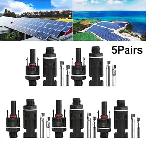 Text reads '5Pairs'. Set of black electrical or solar panel connectors with metal pins, shown from multiple angles in product display format.