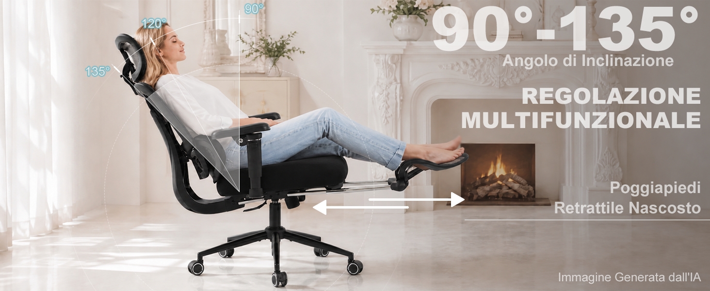 Il testo recita «90°-135°» e «REGOLAZIONE MULTIFUNZIONALE». Sedia da ufficio ergonomica nera con funzione di reclinazione regolabile, mostrata in posizione reclinata in un ambiente interno moderno.