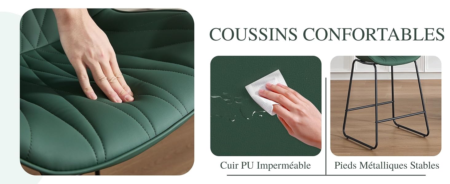 Le texte indique « COUSSINS CONFORTABLES » et « Cuir PL imperméable », « Peau Multijugos Stable ». Meubles rembourrés verts illustrés avec des photos détaillées du matériau.