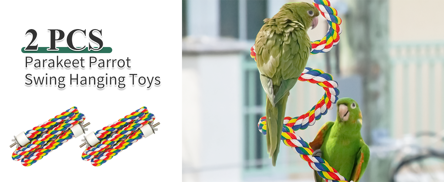 Two colorful rope perches for parakeets or small parrots. Image shows green birds using the twisted, multi-colored cotton rope swings as toys or perches.