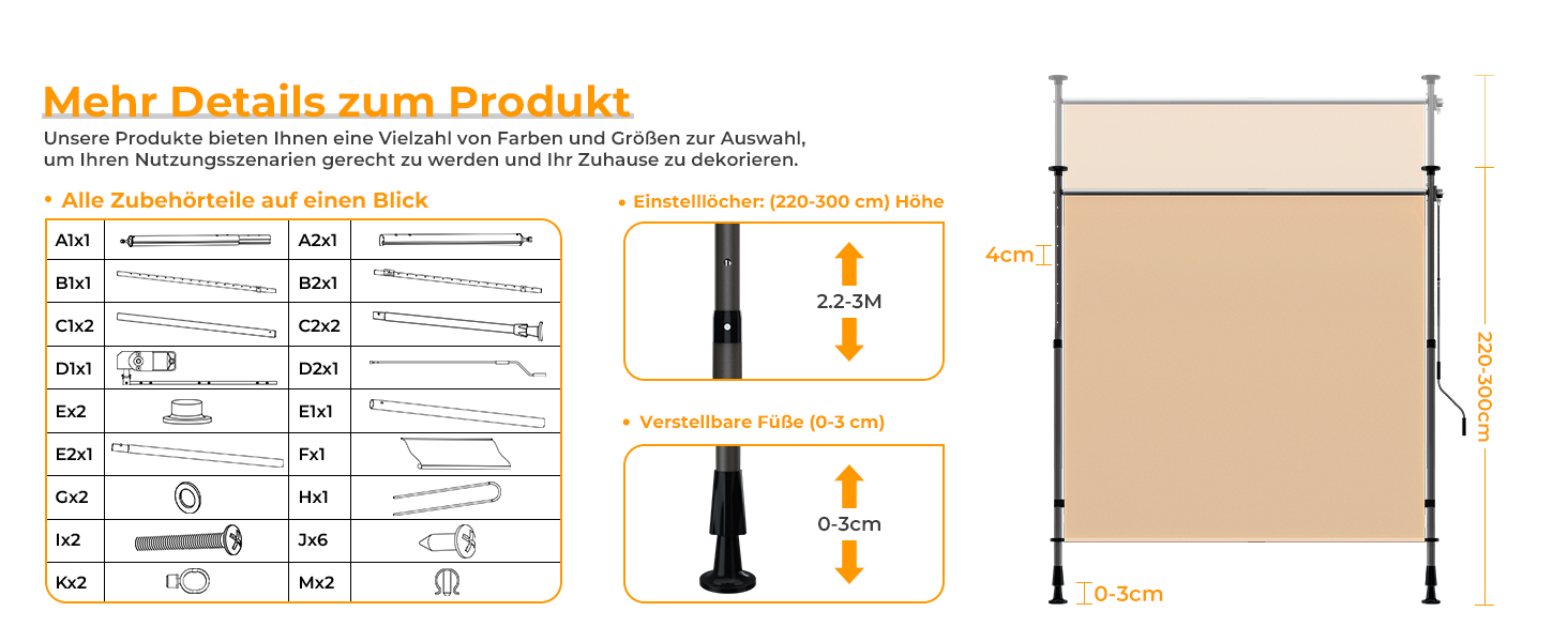 Der Text lautet „Mehr Details zum Produkt“. Technisches Diagramm mit Abmessungen und Spezifikationen für Montageteile mit Pfeilen, die Abmessungen und Anordnung angeben.