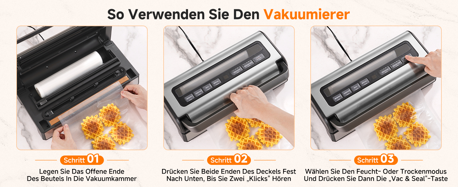 Der Text lautet „So Verwenden Sie Den Vakuumier“. Die Anleitungssequenz zeigt die Schritte zur Verwendung eines Vakuumversiegelungsgeräts mit nummerierten Paneelen.