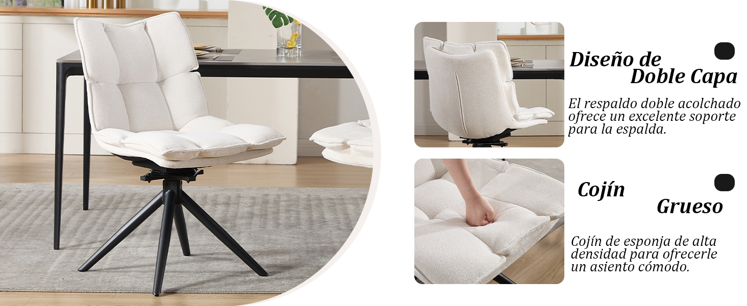 El texto dice «Diseño de Doble capa» y «Cojín Grueso». Silla de oficina tapizada en blanco con base giratoria y asiento acolchado, que se muestra a la vista y fotos detalladas de la amortiguación.