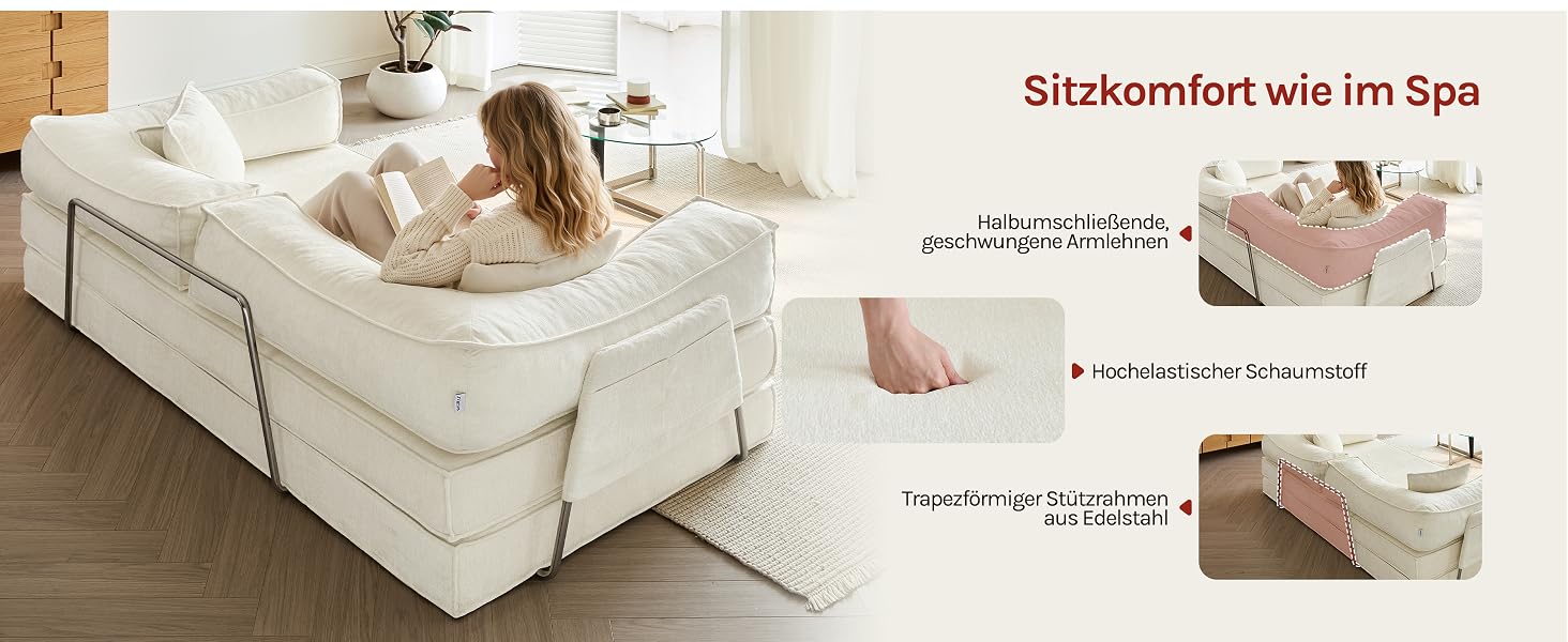 Der Text lautet „Stukendorf wie im Spa“ und „Kopfkissen Set“. Bett mit weißem, gepolstertem Kopfteil und Gestell, dekoriert mit dekorativen Kissen in Beige- und Rosatönen in einem hellen Schlafzimmer.