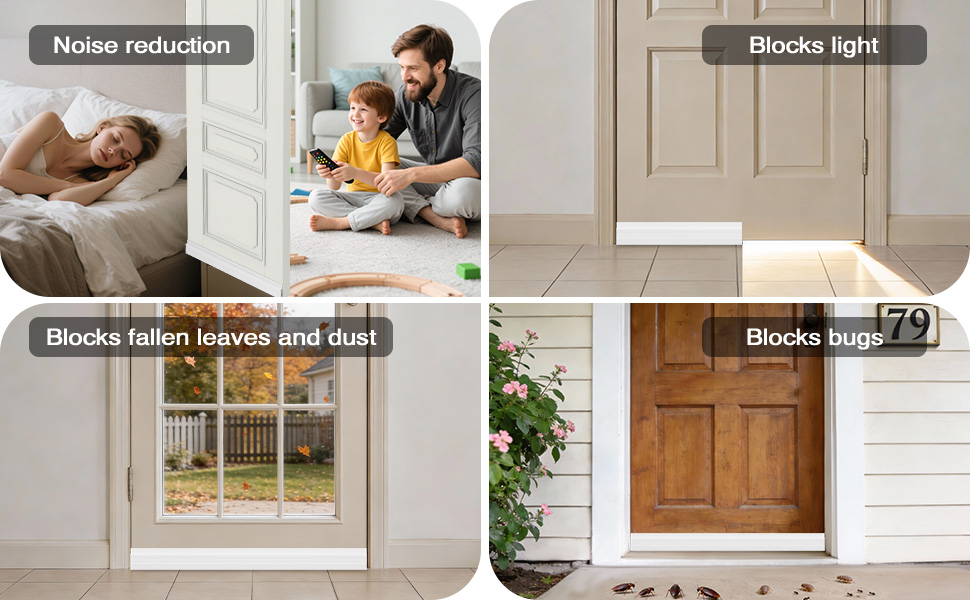 Text reads 'Blocks light', 'Blocks fallen leaves and dust'. Series of images showing door sealing strip or weather stripping installed at bottom of various residential doors.