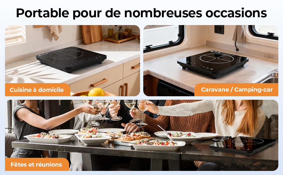 Le texte indique « Portable pour de nombreuses occasions » - Collection d'images montrant un appareil de cuisson ou de chauffage portable utilisé dans différents environnements.