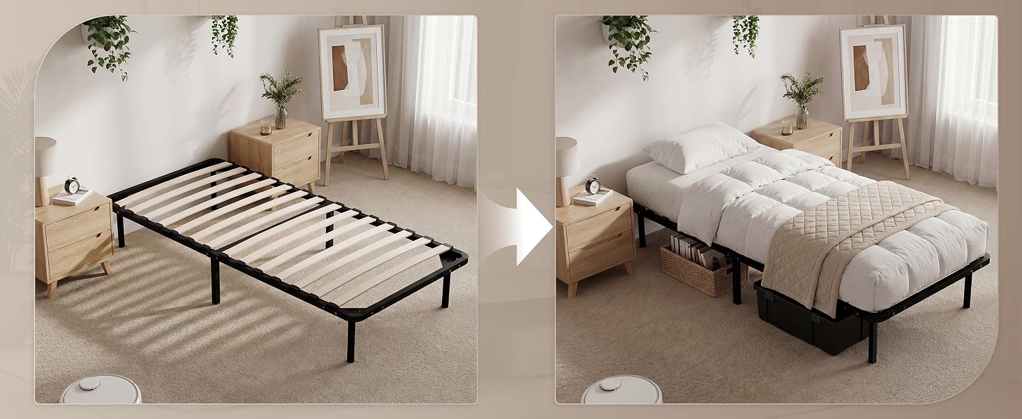 Serie di foto degli interni della camera da letto che mostrano una struttura del letto in metallo minimalista in diverse angolazioni all'interno di una stanza di colore chiaro.