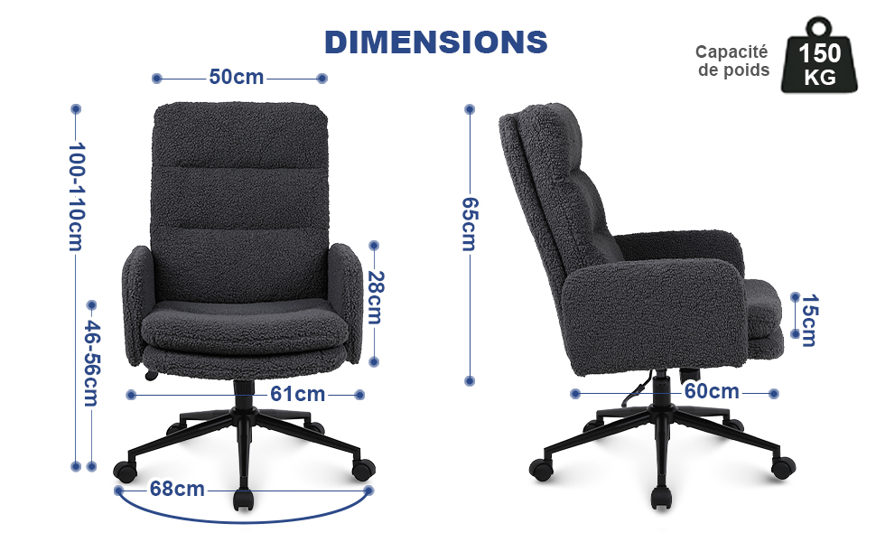 indiquant la hauteur 110 à 120 cm, la largeur 61 cm, la profondeur 66 cm, la hauteur du siège 45 à 55 cm. Chaise rembourrée gris foncé avec dossier haut et accoudoirs