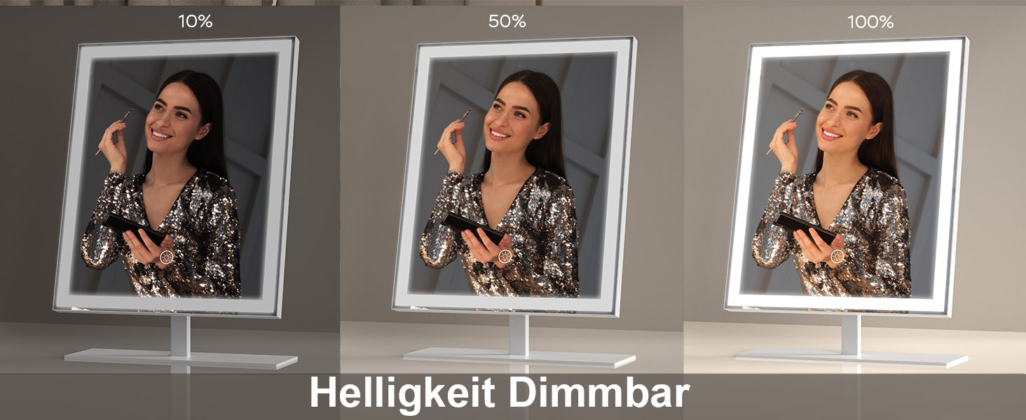 Drei identische beleuchtete Spiegelrahmen an der Wand mit dem Text „Helligkeit Dimmbar“ (Helligkeit dimmbar