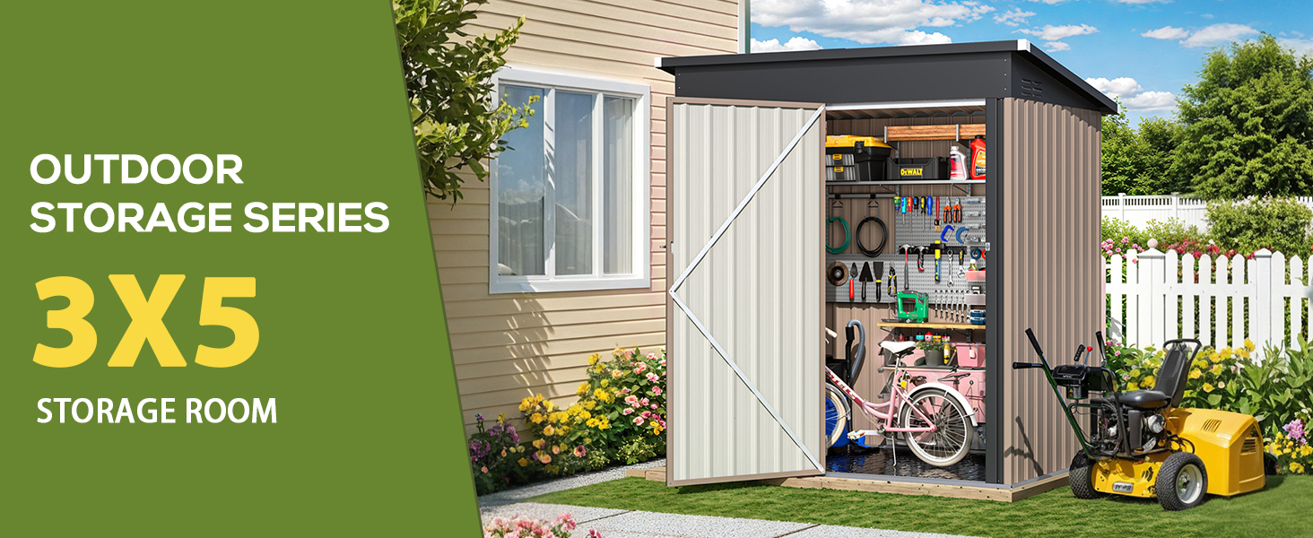 Text reads 'OUTDOOR STORAGE SERIES' '3X5 STORAGE ROOM'. Multiple views of outdoor storage sheds in garden settings, showing beige/gray structures with various storage uses.