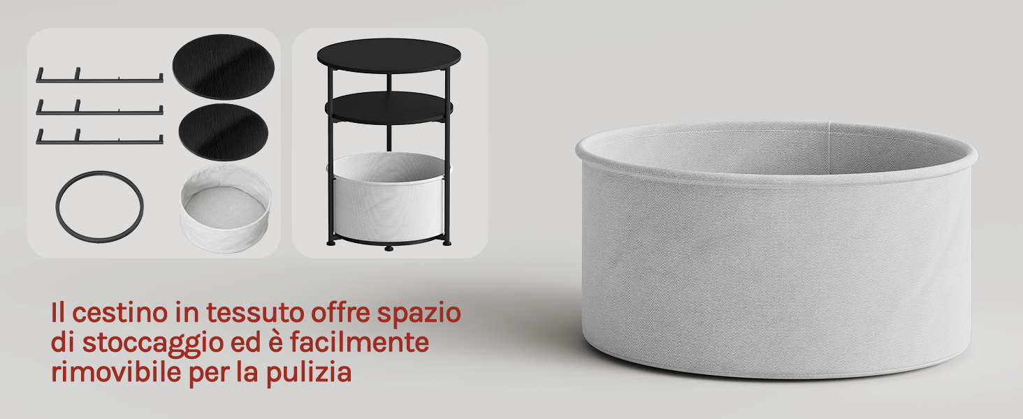 Il testo recita «Il cestino in tessuto offre spazio di stoccaggio ed è facilmente rimovibile per la pulizia». Cestino portaoggetti in tessuto con i componenti hardware di assemblaggio mostrati, design cilindrico testurizzato bianco con fodera rimovibile.