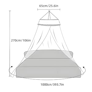 Diagram of a bed canopy. Conical mesh extends 270cm high, 65cm wide at top. Base covers 1000cm wide bed. Arrows indicate adjustable lower edges.
