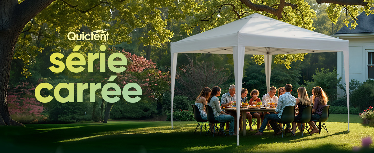 Le texte indique « Série carrée » et « Quiclean ». Grande tente extérieure blanche à baldaquin installée sur l'herbe avec des arbres en arrière-plan.