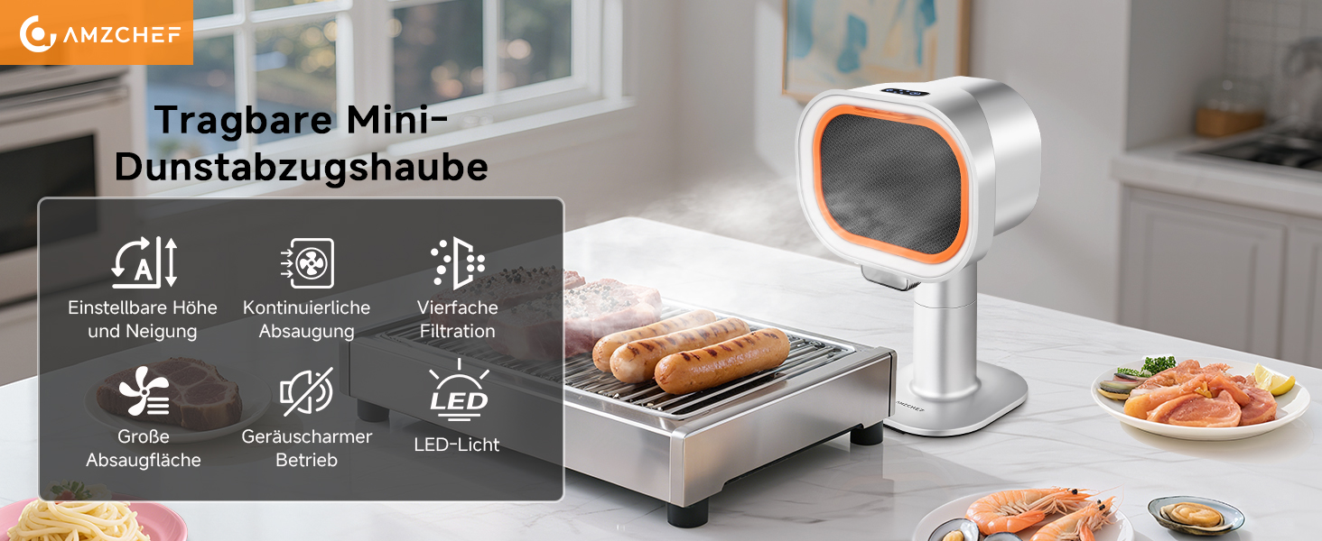 Der Text zeigt die „Tragbare Mini-Dunstabzugshaube“ mit sechs Symbolmerkmalen. Digitales Gerät mit Toastscheiben in moderner Küchenumgebung abgebildet.