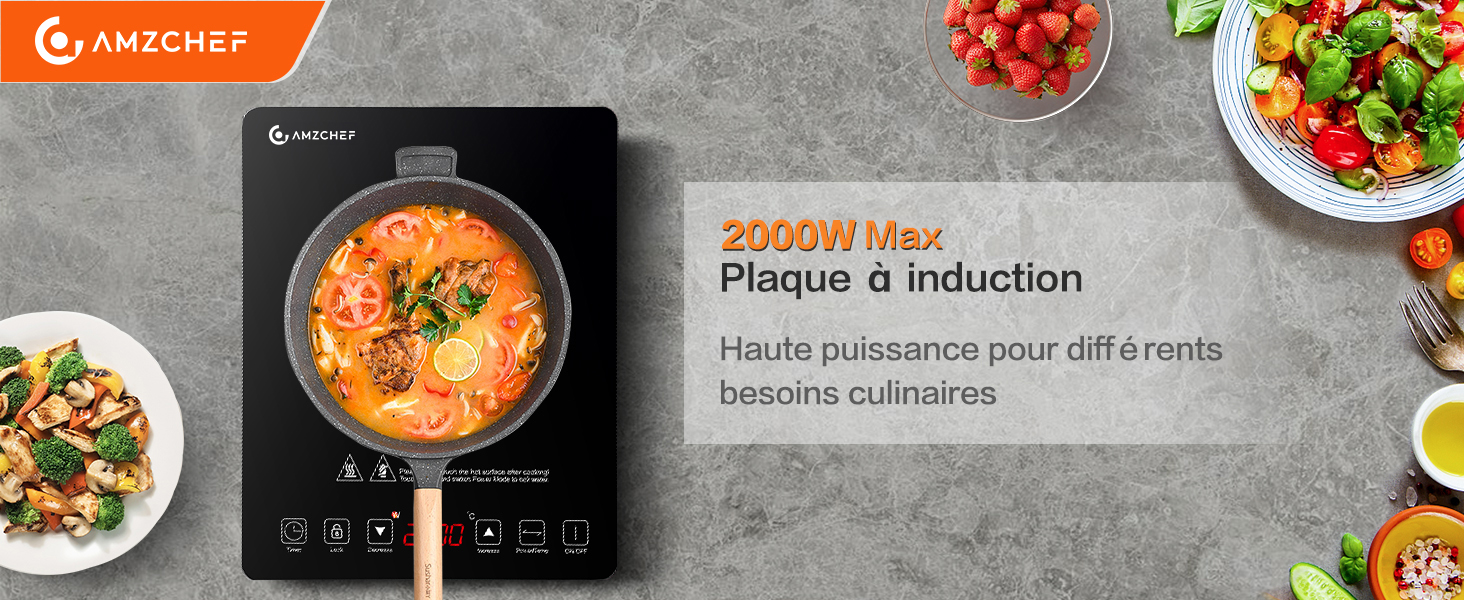 Amzchef d'une puissance maximale de 2 000 W, affichant une soupe à l'orange dans une casserole. Entouré d'ingrédients alimentaires colorés sur une surface grise. Le texte français indique une puissance élevée pour divers besoins de cuisson.
