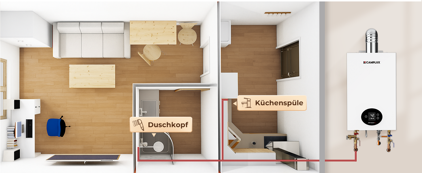 Der Text lautet „Küchenspüle“ und „Duschkopf“. Grundriss oder technisches Diagramm, das den Grundriss der Wohnung mit beschrifteten Positionen für Küchenspüle und Duschkopf sowie Installation des Warmwasserbereiters zeigt.