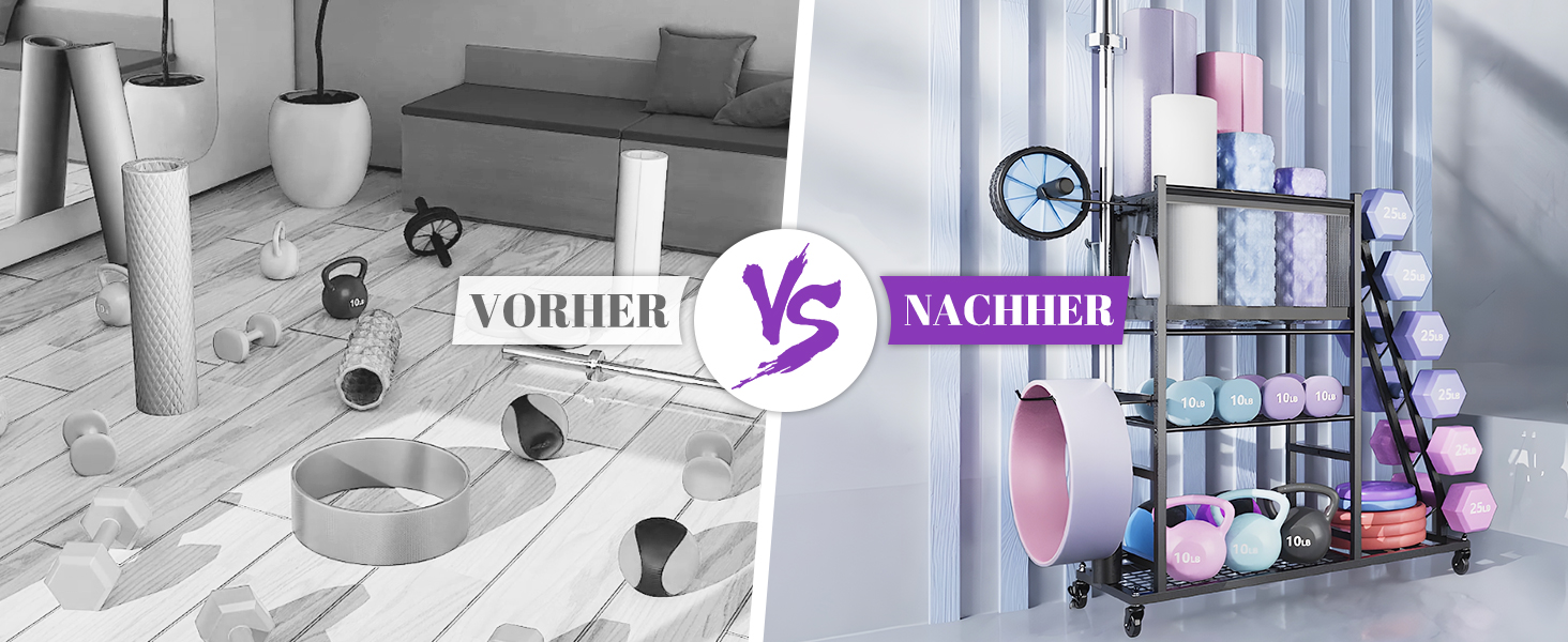 Vergleich der Badorganisation vor und nach dem Vergleich. Links zeigt einen überfüllten Boden, rechts ein organisiertes Wandregal mit ordentlich angeordneten Toilettenartikeln und Accessoires