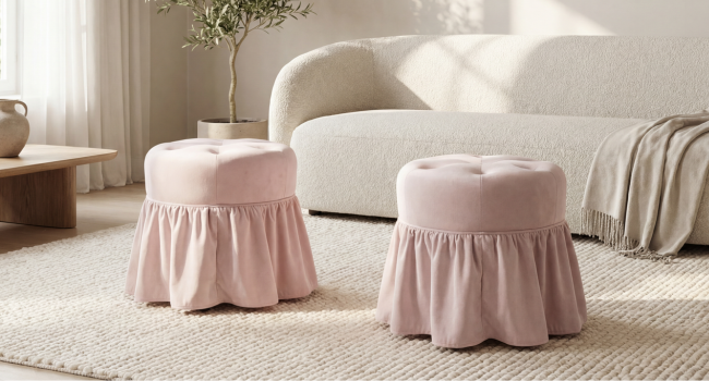 Innenausstattung des Wohnzimmers mit zwei rosafarbenen, plissierten Hockern mit gerafftem Stoffsockel im Rockstil. Auf einem cremefarbenen Teppich in der Nähe eines gepolsterten weißen Sofas und eines Beistelltisches aus warmem Holz positioniert.